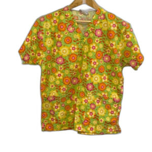 Peaches Bright Yellow/Orange Daisy Print Cotton Short Sleeve Scrubs Top Size XS